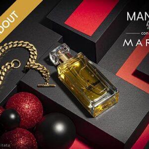 Mania perfume with the stylish Mania-branded clutch bag and beach towel.