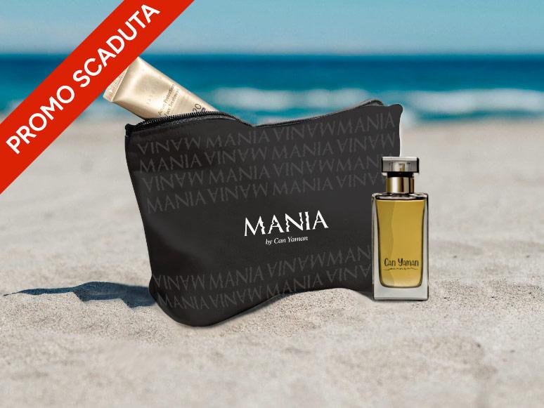 Mania perfume with the stylish Mania-branded clutch bag and beach towel.